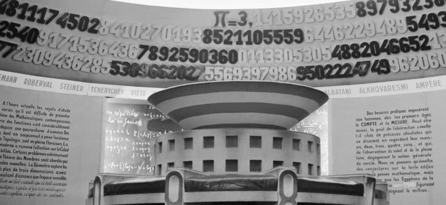 Poză făcută în iunie 1949 la Palais de la Décucerte din Paris cu emblematica cameră Pi, numită și camera rotundă sau camera circulară a cărei celebră friză este formată din zecimalele lui Pi cunoscute la acea vreme